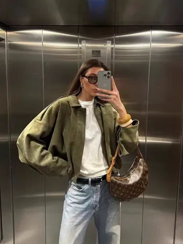 Giacca Bomber Donna Texture Scamosciata Top Shorts Gonna Verde Militare Stile Street Occidentale Oversize Zip Capispalla Casual