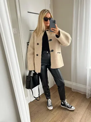 Women Faux Rabbit Fur Coat Elegant Toggle Button Polyester Jacket With Pockets Solid Color Loose Warm Winter Fashion Top