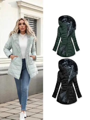 Women Mid-Length Hooded Padded Jacket Fleece Lined Quilted Winter Warm Coat Solid Color Outdoor Outerwear Top