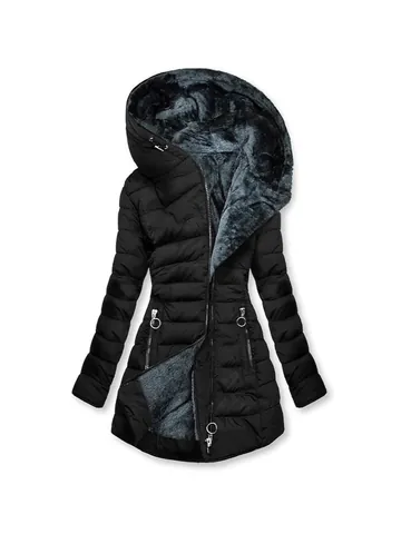 Women Mid-Length Hooded Padded Jacket Fleece Lined Quilted Winter Warm Coat Solid Color Outdoor Outerwear Top