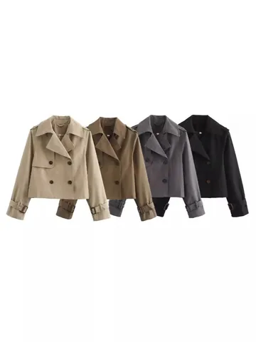 Women Short Trench Coat Double Breasted Lapel Long Sleeve Jacket Outerwear Autumn New Fashion Polyester Casual Top