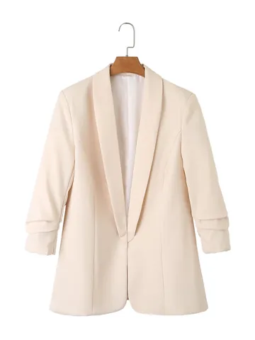 Dames Blazer met Geplooide Mouwen Open Voorkant Casual Effen Kleur Half Lang Sjaalkraag Jasje Professionele Werkjas