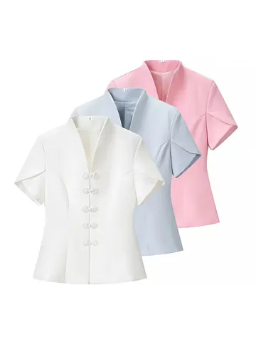 Women Summer Short Sleeve Polyester Shirt Stand Collar Frog Buckle Slim Fit Blouse New Chinese Style Fashion Streetwear Top