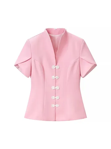 Women Summer Short Sleeve Polyester Shirt Stand Collar Frog Buckle Slim Fit Blouse New Chinese Style Fashion Streetwear Top