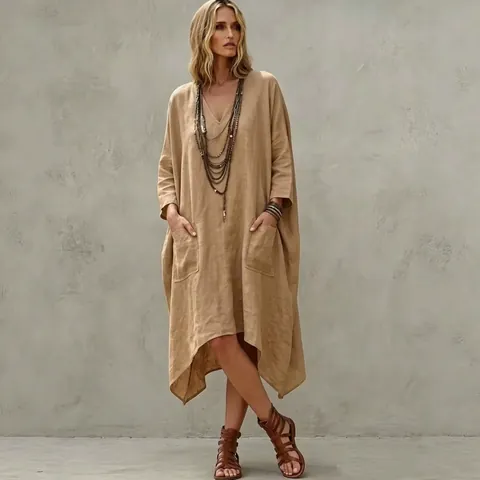 Vestito Donna Scollo a V Maniche a 3/4 Orlo Irregolare Comodo Casual Stile Lazy Vestito Midi in Poliestere Con Tasche per Estate Viaggi Festa