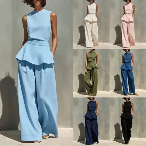 Minimalista Donna Poliestere Coordinato Due Pezzi Top Senza Maniche Con Peplo e Pantaloni Gamba Larga Tinta Unita Casual