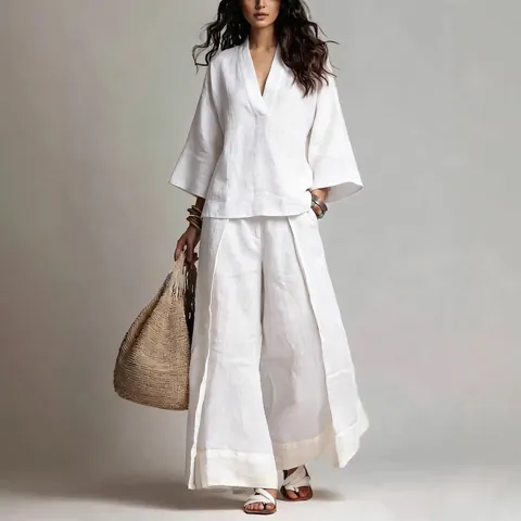 Conjunto de Camisa de Lino con Cuello en V Francés y Manga 3/4 y Pantalones de Pierna Ancha en Contraste Traje Casual para Mujer