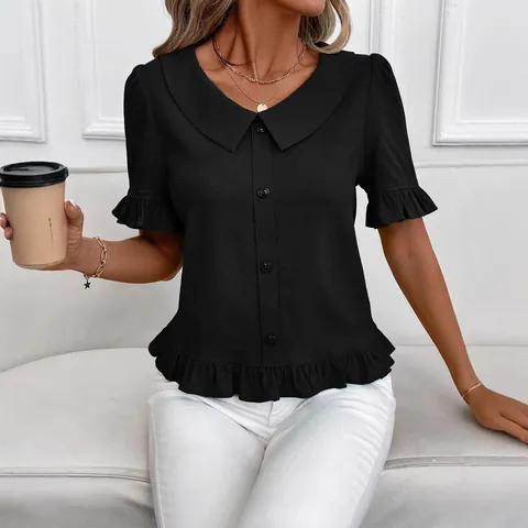 Women Peter Pan Collar Ruffle Blouse Pleated Short Sleeve Button Down Shirt Solid Color Gentle Style Casual Summer Top