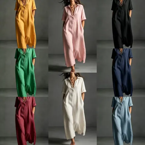 Women Summer Linen Cotton Maxi Dress Elegant V Neck Lapel Short Sleeve Solid Color Straight Casual Dress With Pockets
