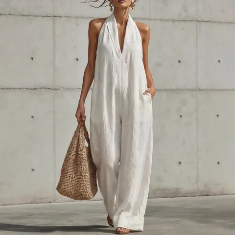 Women Elegant V Neck Halter Sleeveless Cotton Linen Jumpsuit Casual Loose Wide Leg Jumpsuit With Pockets Summer Romper