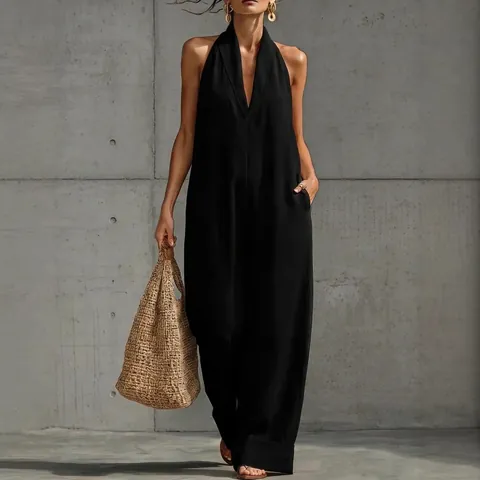 Women Elegant V Neck Halter Sleeveless Cotton Linen Jumpsuit Casual Loose Wide Leg Jumpsuit With Pockets Summer Romper
