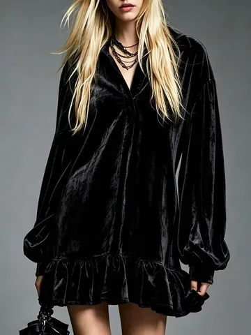 Robe Chemise en Velours Style Français Femmes Élégante Manches Lanterne Revers Ourlet à Volants Mini Robe Unie Soirée Fête