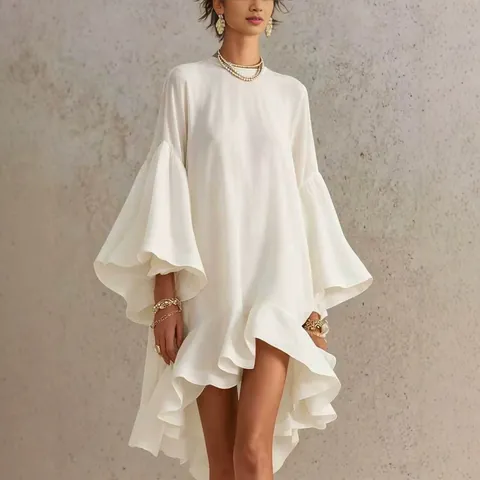Women Asymmetric Ruffle Hem Flare Sleeve Dress Loose Solid Color Round Neck Midi Dress Casual Elegant Party Wear Dress