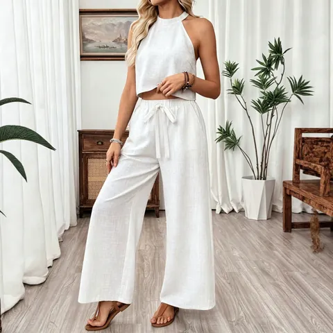 Women Summer Casual Halter Sleeveless Crop Top And Wide Leg Pants Top And Bottom Smocked Solid Color Beach Vacation Set