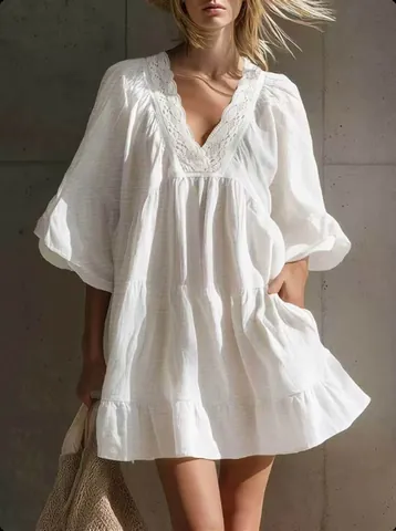 Women V-Neck Lace Patchwork Mini Dress Bohemian Loose Half Sleeve Tiered Ruffled Summer Beach Vacation Short Dress