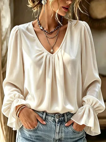 Women Elegant V Neck Velvet Blouse Loose Pleated Long Sleeve Shirt Casual Solid Color Polyester Velvet Top Fall Winter Apparel