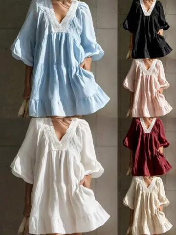 Women V-Neck Lace Patchwork Mini Dress Bohemian Loose Half Sleeve Tiered Ruffled Summer Beach Vacation Short Dress
