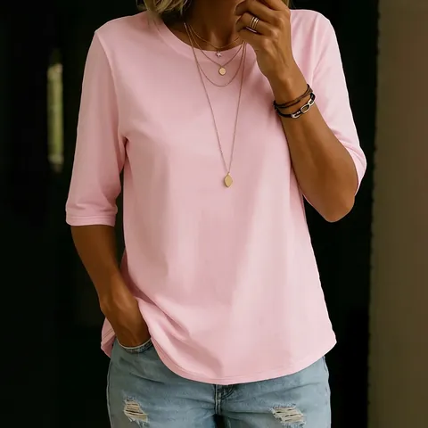 Women Casual Round Neck T-Shirt Regular Shoulder Half Sleeve Solid Color Pullover Top Knitted Polyester Breathable Basic Shirt