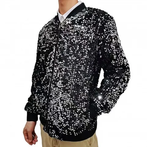 Men's Sparkly Sequin Bomber Jacket Shiny Stage Performance Baseball Outerwear Zip Up Fashion Show Party Event Top Coat