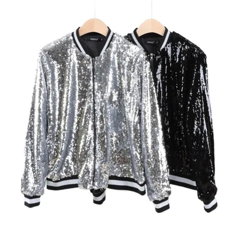 Women Sequin Baseball Jacket Polyester Casual Contrast Rib Bomber Top Long Sleeve Zipper Streetwear Jacket