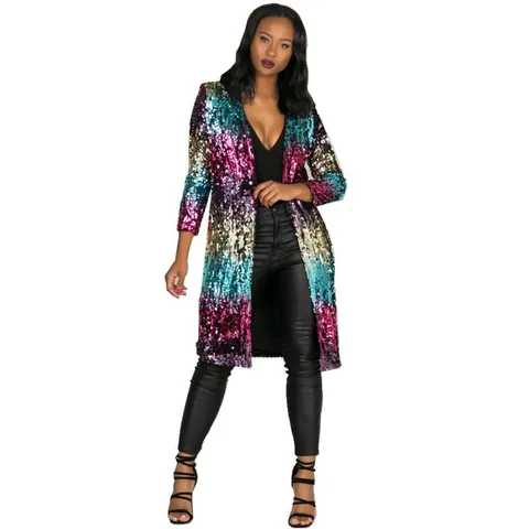 Cárdigan Largo con Bordado de Lentejuelas Degradado de Colores para Mujer Cortavientos Abierto por Delante Prenda Exterior Brillante Abrigo de Moda Callejera Largo Medio
