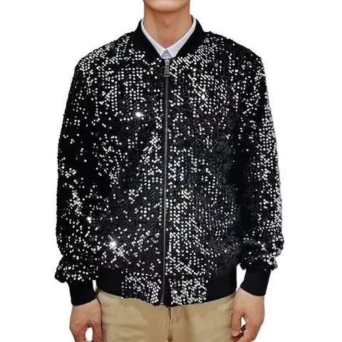 Men's Sparkly Sequin Bomber Jacket Shiny Stage Performance Baseball Outerwear Zip Up Fashion Show Party Event Top Coat
