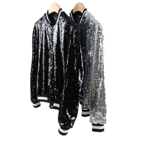 Women Sequin Baseball Jacket Polyester Casual Contrast Rib Bomber Top Long Sleeve Zipper Streetwear Jacket