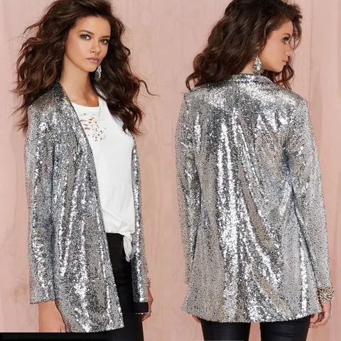 Blazer de Lentejuelas Brillantes para Mujer Frente Abierto Chaqueta de Manga Larga Ropa de Escenario Fiesta Noche Club