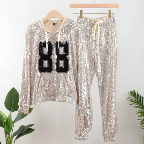 Women Sequin Hoodie Set Top And Bottom Long Sleeve Sparkling Polyethylene Sporty Casual Lounge Wear Sparkling Suit