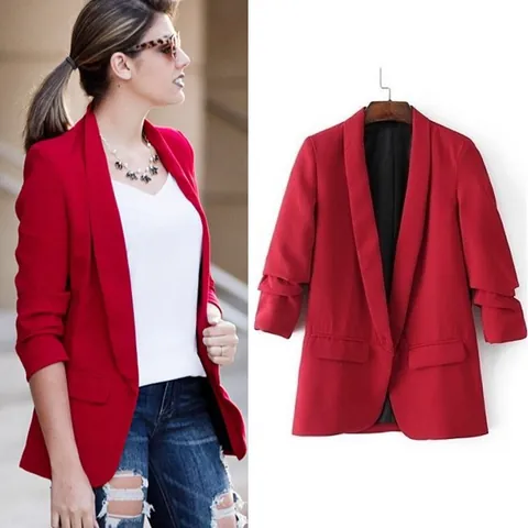 Damen Casual Schalkragen Offene Front Blazer 3/4 Rüschenärmel Einfarbig Anzugjacke Für Büro Frühling Herbst Polyester Top