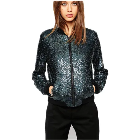 Women Embroidered Sequin Bomber Jacket Shiny Metallic Baseball Uniform Casual Zip Up Long Sleeve Top Fashion Streetwear
