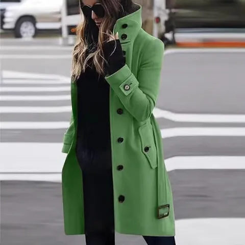 Women Slim Fit Woolen Coat Stand Collar Single Breasted Polyester Warm Long Sleeve Jacket Solid Color Commuter Outerwear