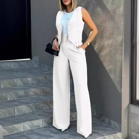 Women's Casual Business Suits Polyester Vest And Wide Leg Pants Two Piece Set Solid Color Office Work Lady Sleeveless Outfit