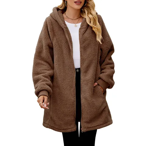 Women's Loose Plush Hooded Zipper Jacket Long Sleeve Teddy Fleece Mid-Length Cardigan Coat With Pockets For Winter Casual