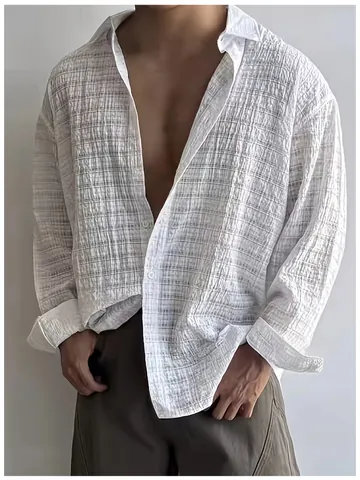 Camicia Casual da Uomo a Maniche Lunghe Vintage Americano Texture Increspata Poliestere Top Moda Elegante Minimalista Tinta Unita