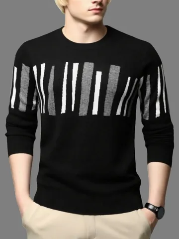 Heren Crewneck Jacquard Gebreide Trui Lange Mouw Casual Verticale Streep Dikke Pullover Top Winter Mode Viscose Mix