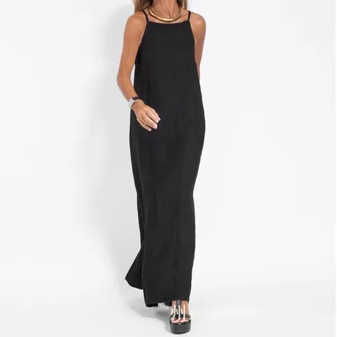 Women Fashion Casual Cotton Linen Slit Cami Dress Sexy Spaghetti Strap Maxi Dress Solid Color Summer Vacation A-Line Sundress