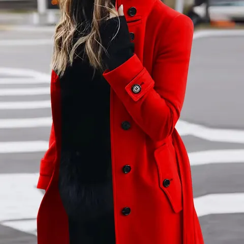 Women Slim Fit Woolen Coat Stand Collar Single Breasted Polyester Warm Long Sleeve Jacket Solid Color Commuter Outerwear