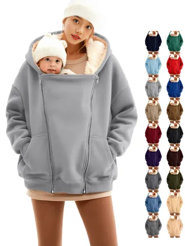 Sudadera con Capucha Portabebés de Canguro para Mujer con Forro de Felpa Invierno Cálido Sudadera con Bolsillo Grande Top Casual