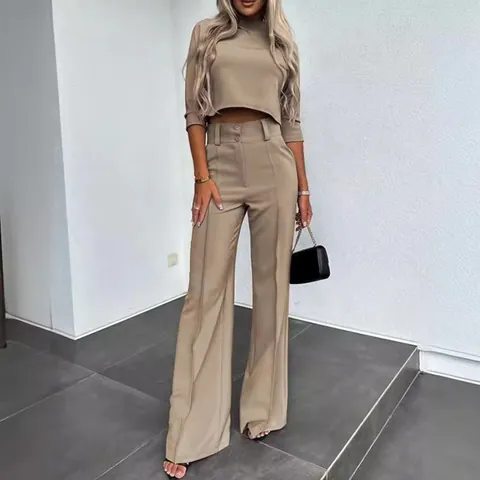 Moda Mujer Conmutar Poliéster Color Sólido Top Y Bottom Con Bolsillo Cosido Casual Cómodo Conjunto De Pantalón Para Trabajo