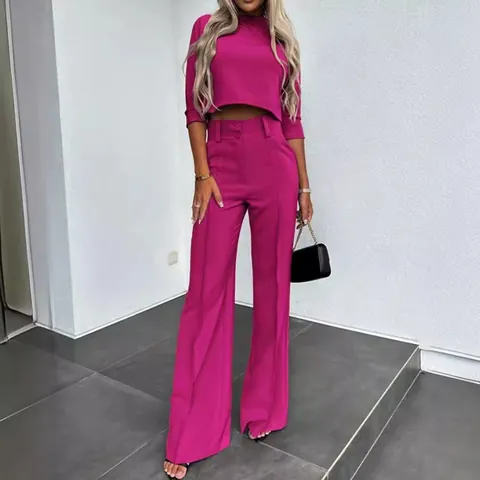 Moda Mujer Conmutar Poliéster Color Sólido Top Y Bottom Con Bolsillo Cosido Casual Cómodo Conjunto De Pantalón Para Trabajo