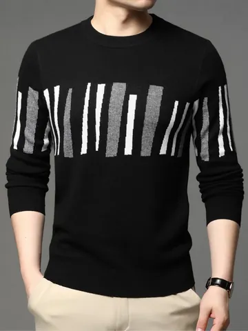 Heren Crewneck Jacquard Gebreide Trui Lange Mouw Casual Verticale Streep Dikke Pullover Top Winter Mode Viscose Mix