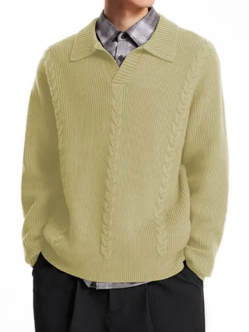 Men Retro Cable Knit Polo Sweater Casual Loose Long Sleeve Thick Warm Viscose Blend Pullover Knitwear For Autumn Winter