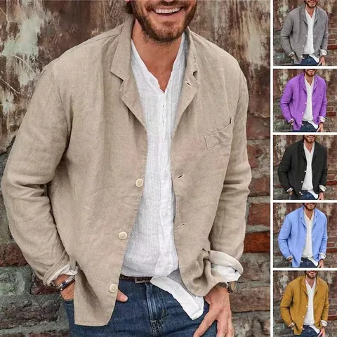 Men's Casual Cotton Linen Blazer Loose Fit Single Breasted Solid Color Sport Coat Jacket Lightweight Breathable Tops For Spring