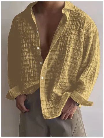 Camicia Casual da Uomo a Maniche Lunghe Vintage Americano Texture Increspata Poliestere Top Moda Elegante Minimalista Tinta Unita