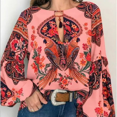 Damen Bluse Mit Boho-Blumendruck Ethno-Papageienmuster Laternenärmel Quasten Rundhalsausschnitt Chiffon Polyester Casual Top