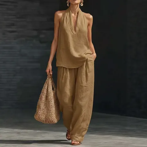 Ensemble Deux Pièces Décontracté pour Femmes Sans Manches Col en V Ample Polyester Pantalon Large Top And Bottom