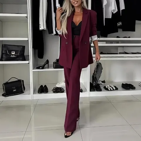 Dames Mode Blazer En Wijde Broek Set Elegant Effen Tweedelig Pak Woon-werkverkeer Casual Lange Mouw Broek Set Voor Dames