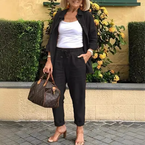 Women Retro Cotton Polyester Shirt And Harem Pants Set Casual Loose Fit Long Sleeve Top And Bottom Suit For Daily Wear