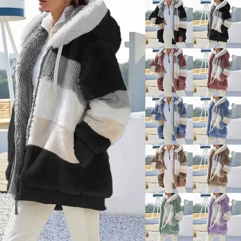 Women Color Block Plush Hooded Jacket Patchwork Zipper Pockets Warm Winter Faux Fur Coat Loose Top Outerwear